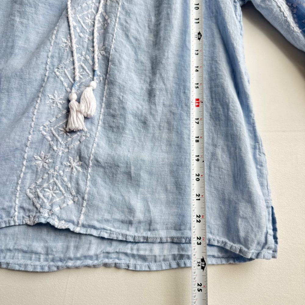 Joie Blue 100% Linen Embroidered Peasant Blouse Tassel Tie Top Size Medium - Picture 7 of 9